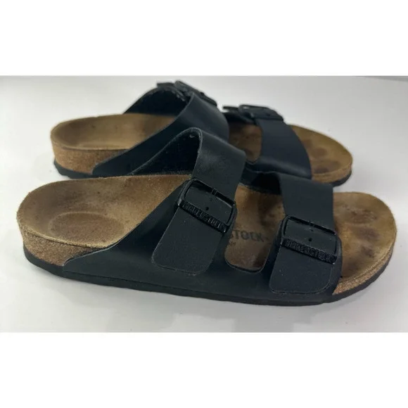 Birkenstock Arizona Slide Sandals 2 Strap Buckle Men's 6 Women's 8 Black Leather - Picture 5 of 16